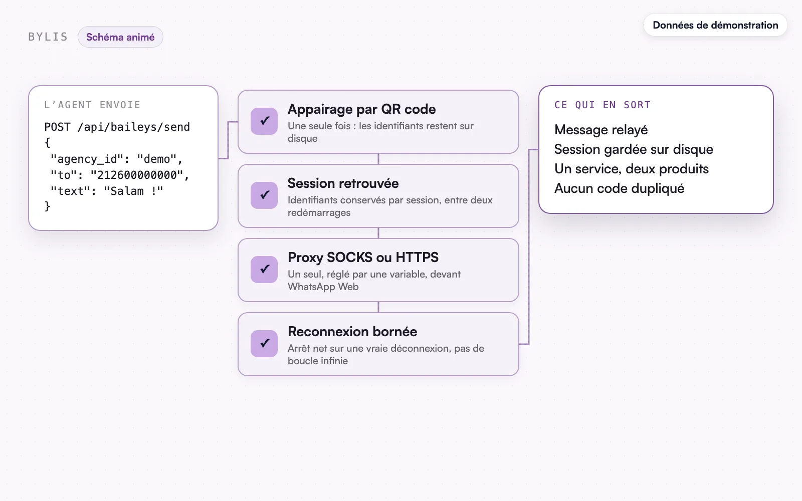 Le schéma animé, données de démonstration : le message relayé.