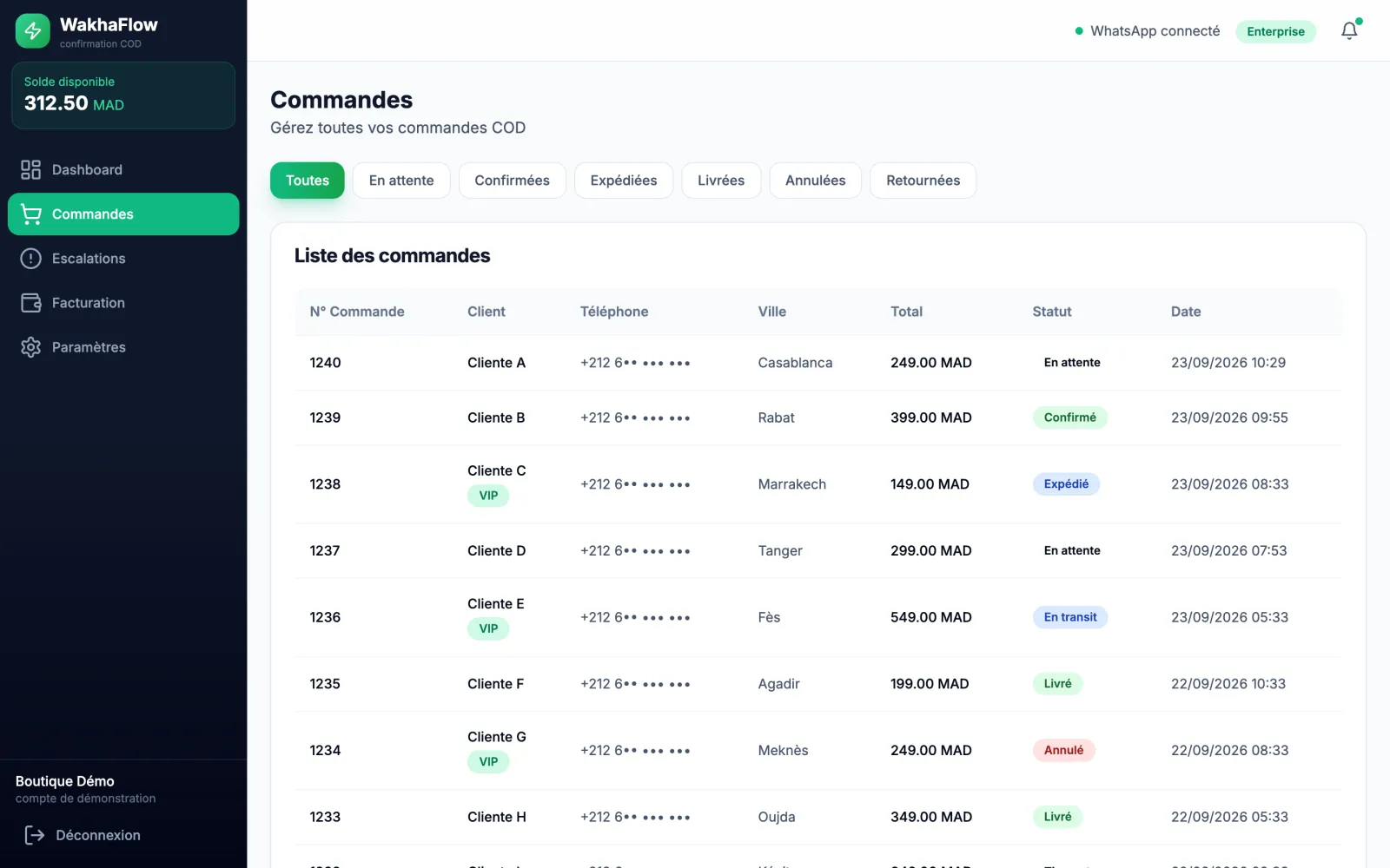 The orders table, demo data: a new Shopify order awaiting confirmation, then confirmed, shipped, in transit, delivered, cancelled orders, with masked phone numbers.