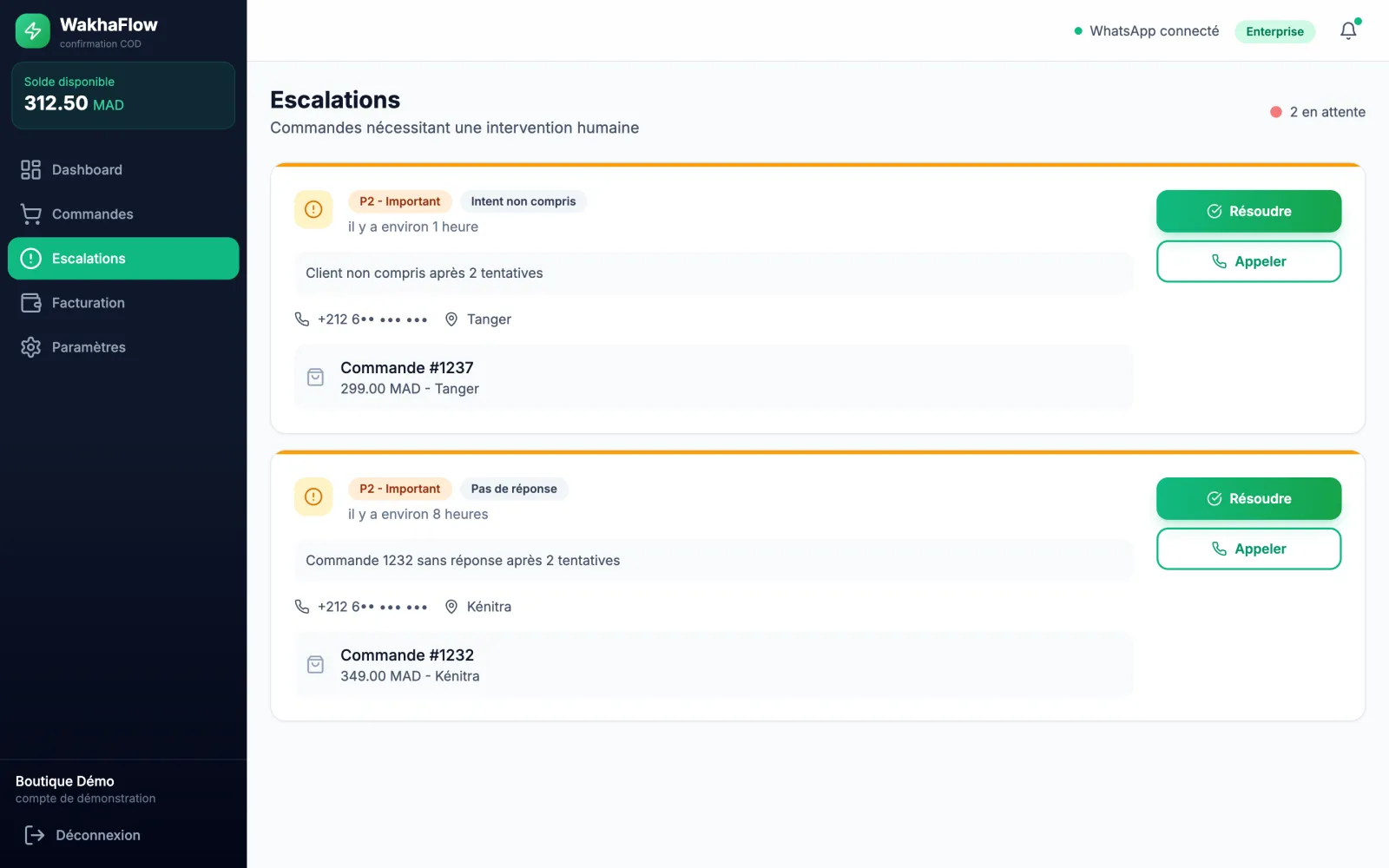 The escalations screen, demo data: two orders handed to a human, one not understood after two attempts, one with no reply after the follow-up and the timeout.