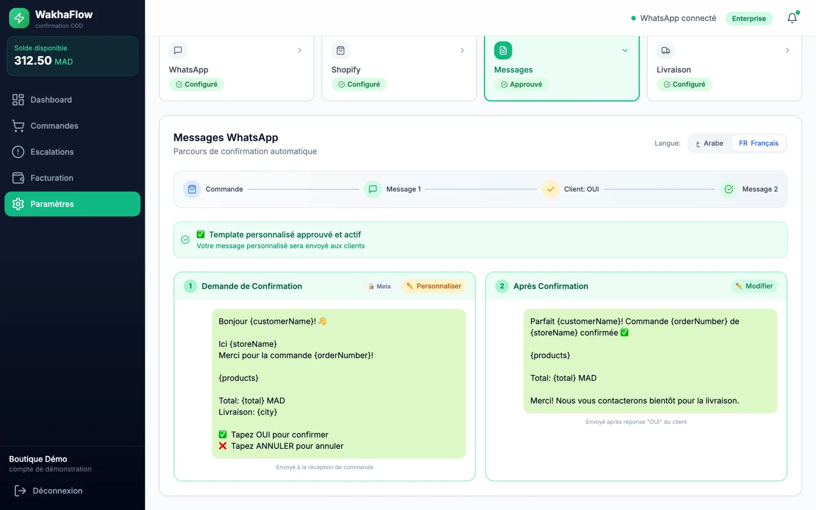 The WhatsApp messages tab, demo data: the confirmation request and the post-confirmation message in French, with their placeholders, on a store whose custom template is approved.