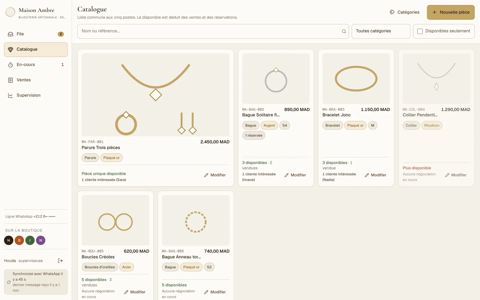 The shared catalogue, demo data: the available count deduced from sales and reservations, and who is already negotiating each piece.